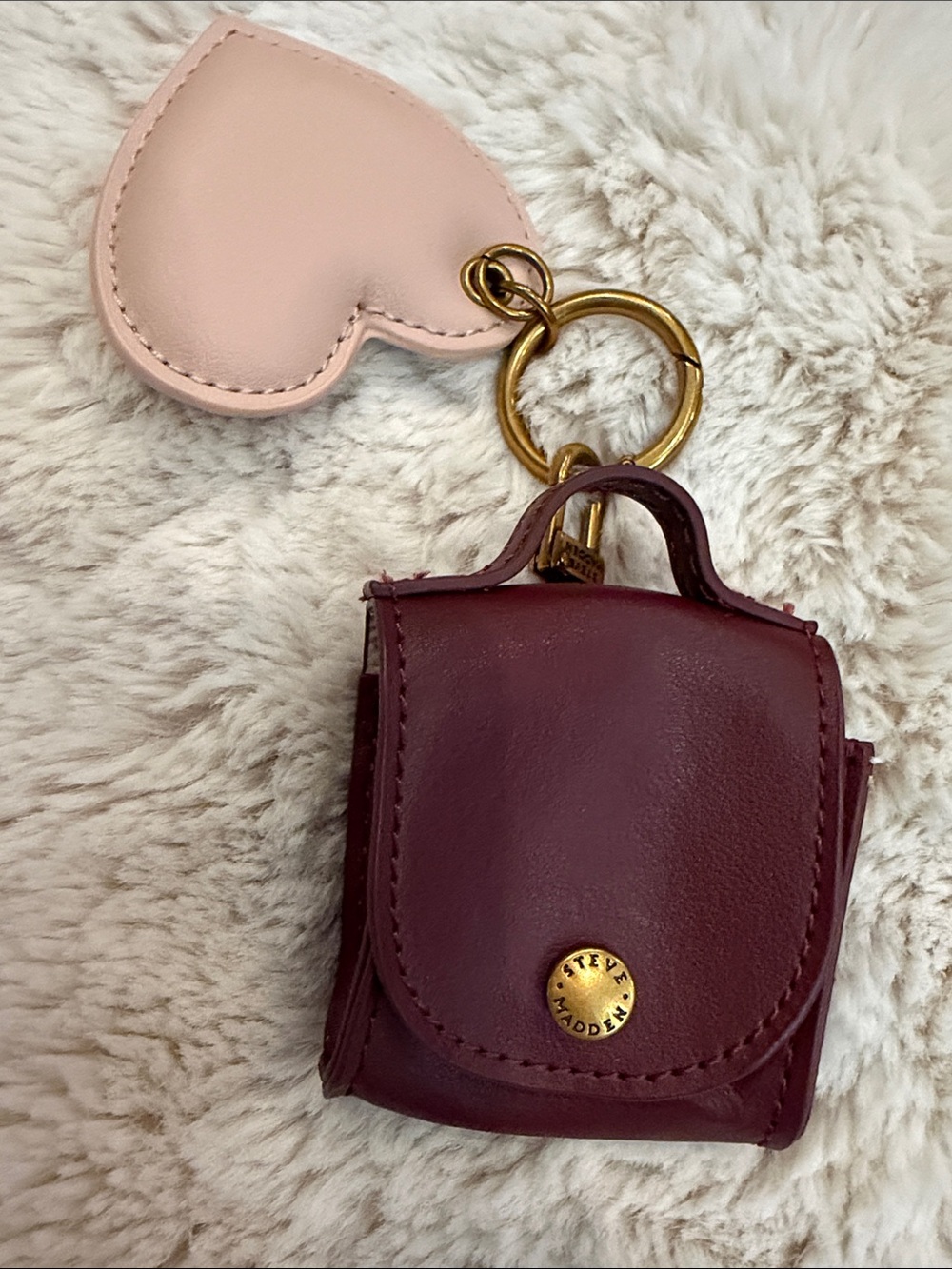 Steve Madden Burgundy Air-Pod Case, Key Holder with Pink Heart Charm
